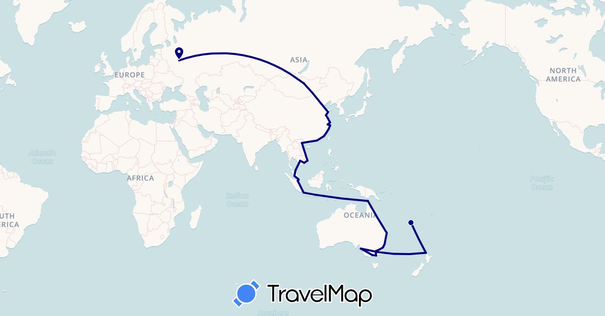 TravelMap itinerary: driving in Australia, China, Hong Kong, Indonesia, Cambodia, Mongolia, Malaysia, New Caledonia, New Zealand, Russia, Singapore, Vietnam (Asia, Europe, Oceania)